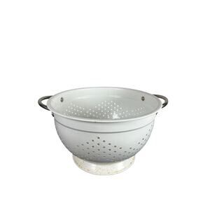 Vtg White Metal Colander- table bowl decor some wear- cracked- cottage rustic